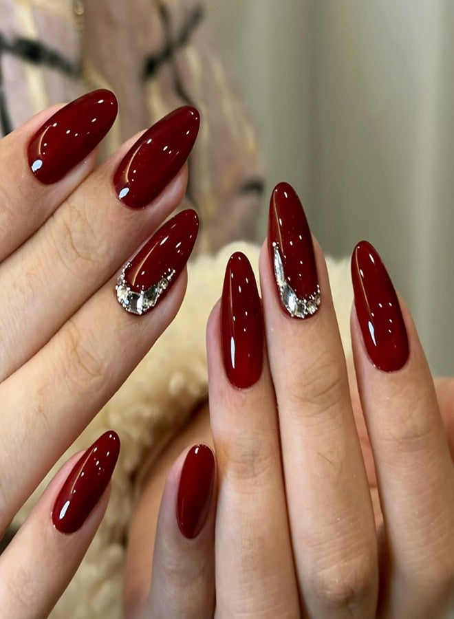 OSTTMA Dark Wine Red Press on Nails Almond Medium Fake Nails Elegant Wine Red False Nail with Diamond Rhinestones Gem Design Solid Color Acrylic Nail Reusable Glue on Nails for Women DIY Manicure,30Pcs - Image 1